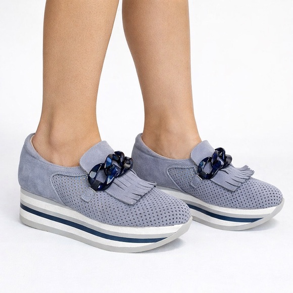 Softwaves Shoes - Softwaves Cadie Slip On Platform Loafers Blue Suede Comfort Shoes 37.5